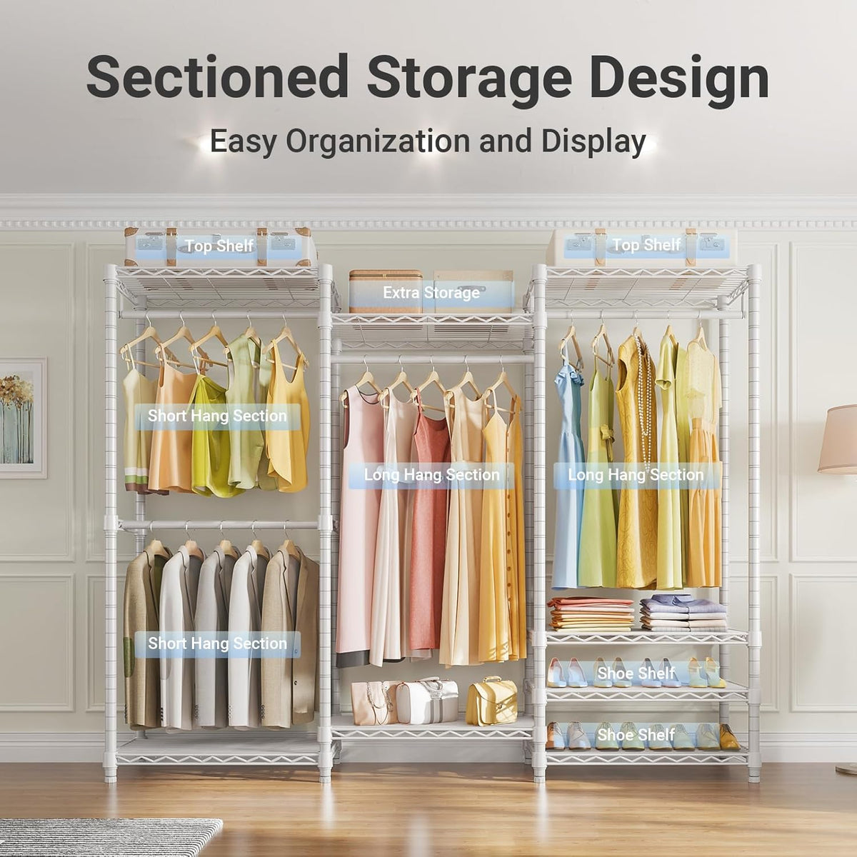 V5 Portable Closet Wardrobe Heavy Duty Clothes Rack, Freestanding Clothing Racks with 4 Hang Rods & 8 Shelves, Adjustable Custom Closet Racks, 68.9" L X 15.7" W X 76.4" H, Max Load 890LBS, White