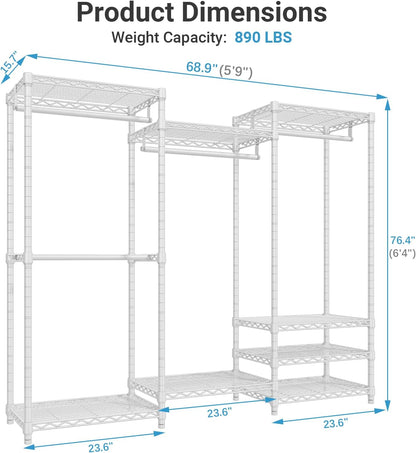 V5 Portable Closet Wardrobe Heavy Duty Clothes Rack, Freestanding Clothing Racks with 4 Hang Rods & 8 Shelves, Adjustable Custom Closet Racks, 68.9" L X 15.7" W X 76.4" H, Max Load 890LBS, White