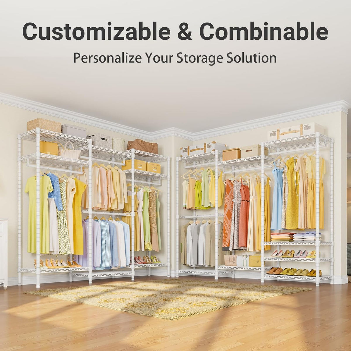 V5 Portable Closet Wardrobe Heavy Duty Clothes Rack, Freestanding Clothing Racks with 4 Hang Rods & 8 Shelves, Adjustable Custom Closet Racks, 68.9" L X 15.7" W X 76.4" H, Max Load 890LBS, White
