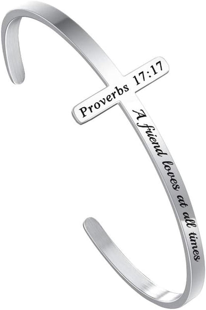 Cross Bracelet - Christian Gifts for Mom Daughter Friends Teacher Women - Engraved Quote Religious Cuff Bangle Bible Verse Confirmation Baptism Gifts
