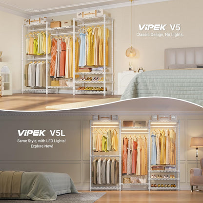 V5 Portable Closet Wardrobe Heavy Duty Clothes Rack, Freestanding Clothing Racks with 4 Hang Rods & 8 Shelves, Adjustable Custom Closet Racks, 68.9" L X 15.7" W X 76.4" H, Max Load 890LBS, White
