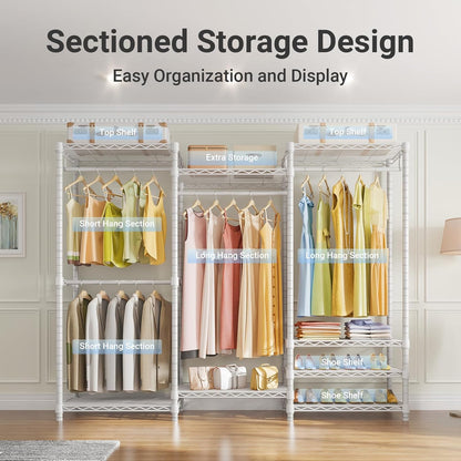 V5 Portable Closet Wardrobe Heavy Duty Clothes Rack, Freestanding Clothing Racks with 4 Hang Rods & 8 Shelves, Adjustable Custom Closet Racks, 68.9" L X 15.7" W X 76.4" H, Max Load 890LBS, White